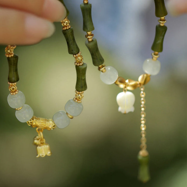 Buddha Stones Green Bamboo Jade Lily of the Valley Wealth Bracelet