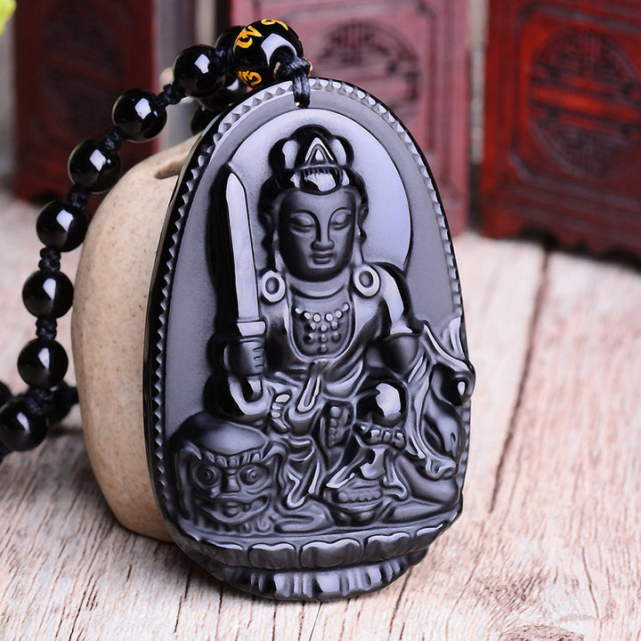 Buddha Stones Chinese Zodiac Obsidian Buddha Amulet Protection Pendant Necklace