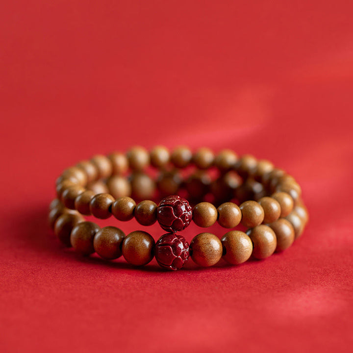 Buddha Stones Peach Wood Lotus Cinnabar Luck Wealth Bracelet