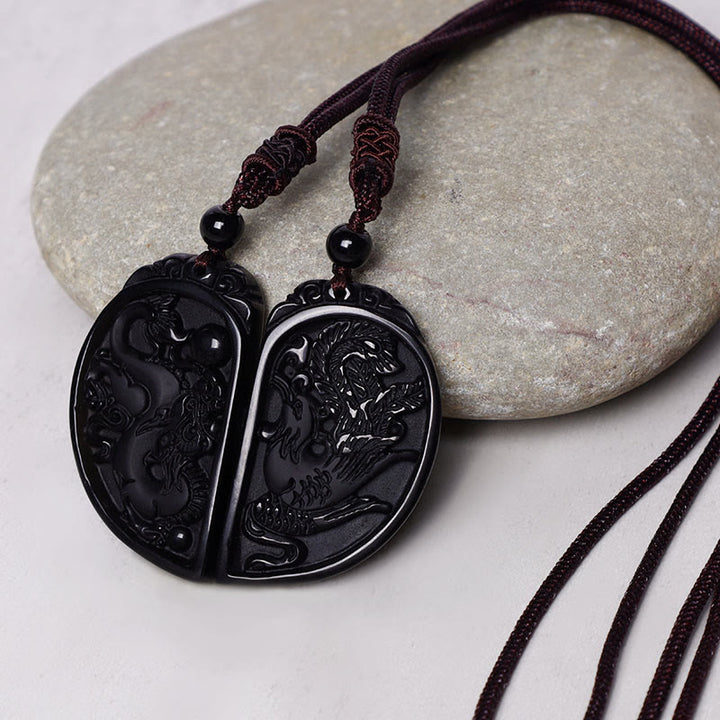 Buddha Stones Black Obsidian Love Dragon Phoenix Protection Necklace Pendant