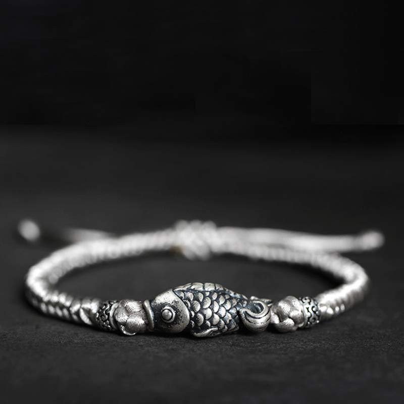 Buddha Stones Silver Luck Koi Fish Braided String Bracelet