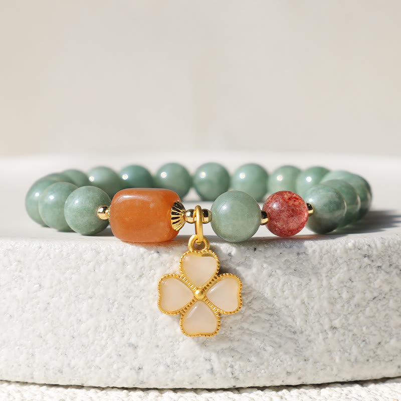 Buddha Stones Jade Four Leaf Clover Charm Prosperity Bracelet