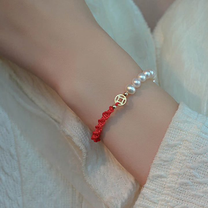 14K Gold Plated Pearl Bead Luck Protection Braid Red String Bracelet