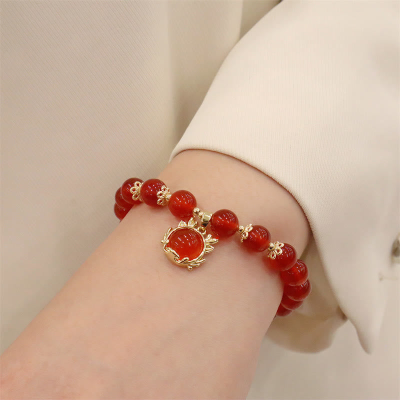 Buddha Stones Year of the Dragon Red Agate Jade Peace Buckle Fu Character Success Bracelet