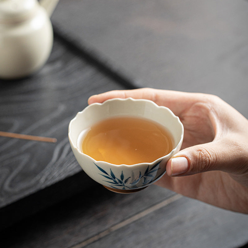 Buddha Stones Small Blue Bamboo Leaves Ceramic Teacup Kung Fu Tea Cup Bowl