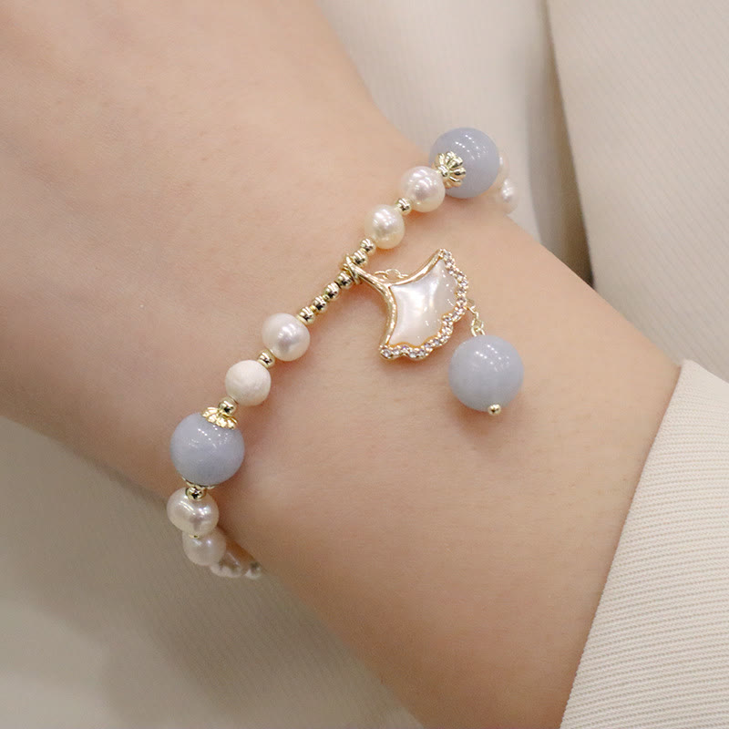 Buddha Stones Natural Aquamarine Pearl Healing Ginkgo Leaf Butterfly Charm Bracelet