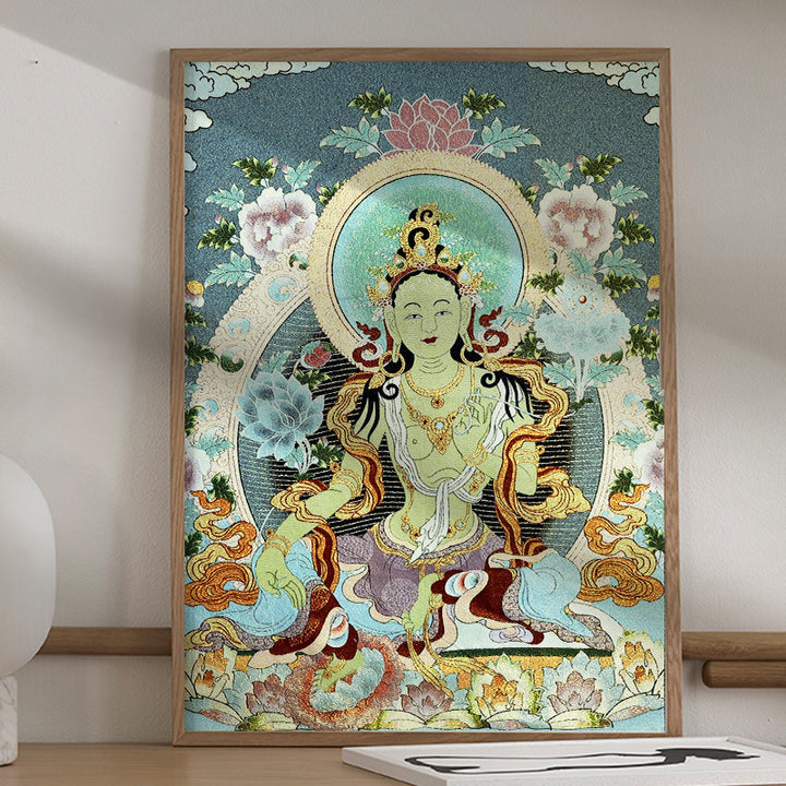 Buddha Stones Tibetan Silk Embroidery White Tara Thangka Tapestry Wall Hanging Wall Art Meditation for Home Decor