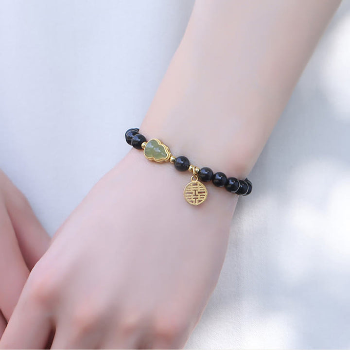 Natural Black Obsidian Hetian Jade Gourd Double Happiness Strength Bracelet