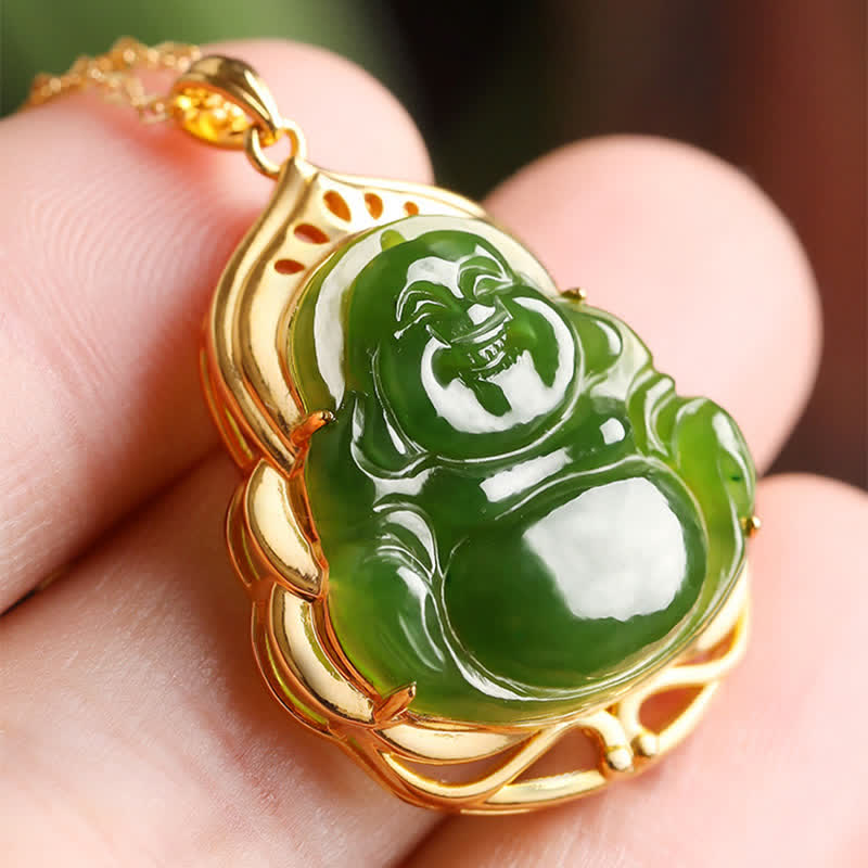 925 Sterling Silver Natural Hetian Cyan Jade Laughing Buddha 18K Gold Healing Necklace Chain Pendant