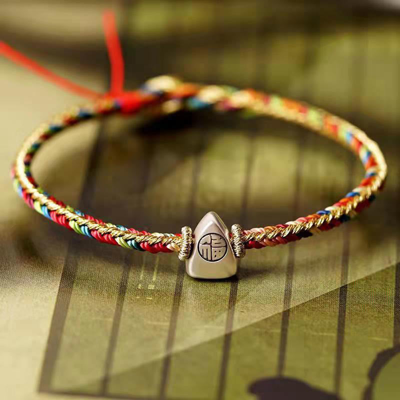 Buddha Stones 925 Sterling Silver Fu Character Zongzi Pattern Multicolored String Luck Handmade Braided Bracelet