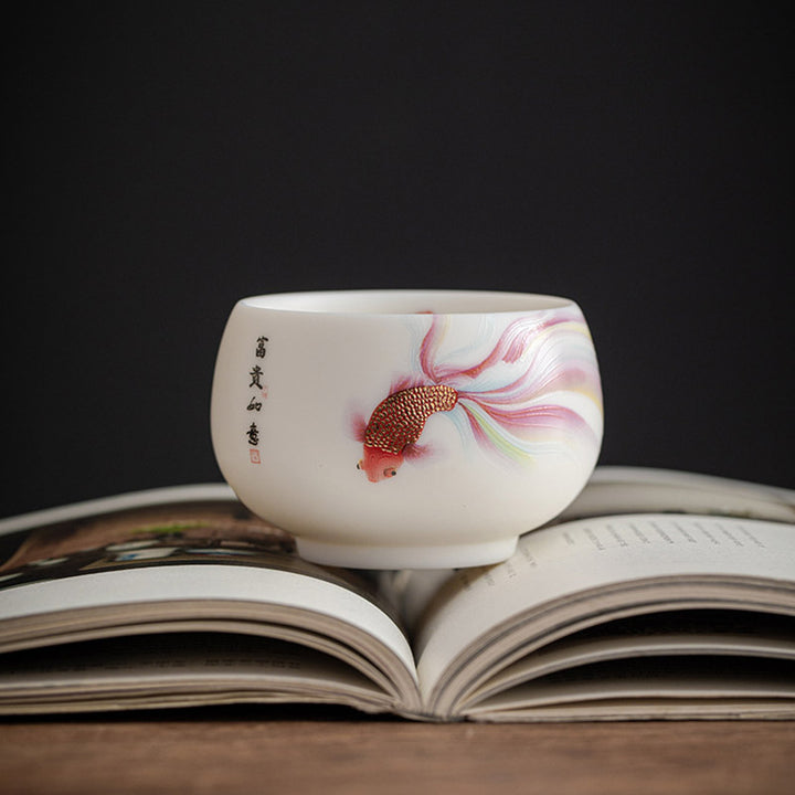 Buddha Stones Koi Fish White Porcelain Ceramic Teacup Kung Fu Tea Cup