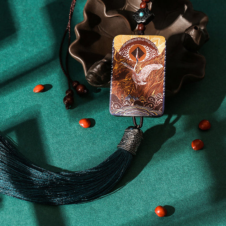 Buddha Stones Vintage Handmade Auspicious Crane Ebony Wood Balance Tassel Car Hanging Decoration