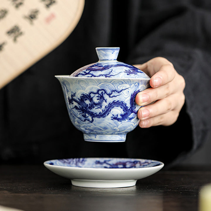 Buddha Stones Blue and White Dragon Pattern Porcelain Gaiwan Sancai Teacup Kung Fu Tea Cup And Saucer With Lid