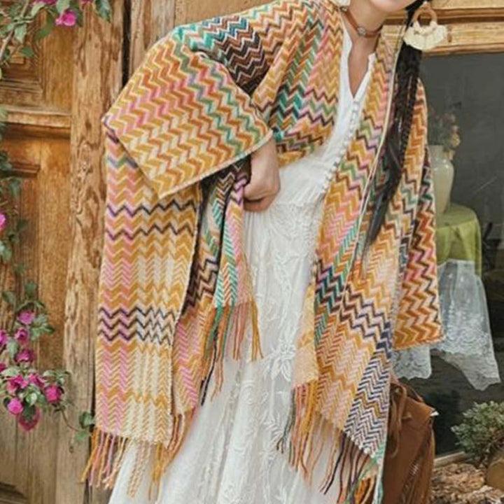 Buddha Stones Tibetan Shawl Colorful Wavy Striped Shapes Tassels Winter Cozy Travel Scarf Wrap