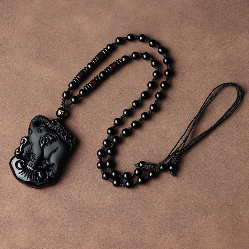 Black Obsidian Elephant Protection String Necklace Pendant Key Chain