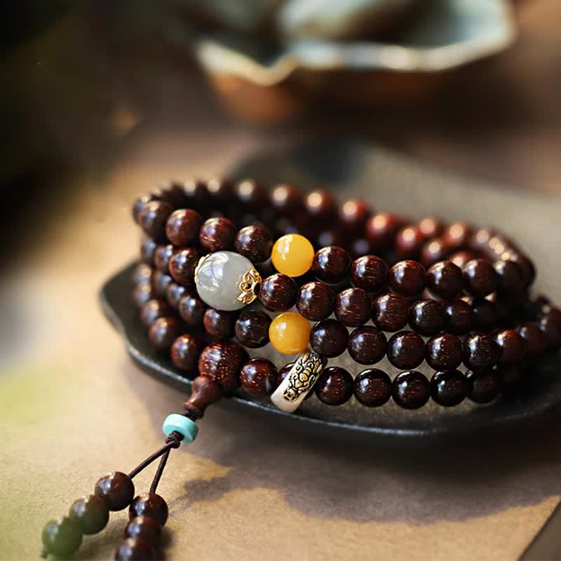 925 Sterling Silver Indian Small Leaf Red Sandalwood Hetian Gray Jade Amber Gold Star Bracelet