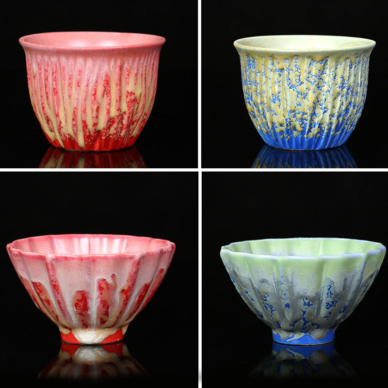 Buddha Stones Retro Blue Red Gradient Lotus Pattern Kiln Change Ceramic Teacup Kung Fu Tea Cup Bowl