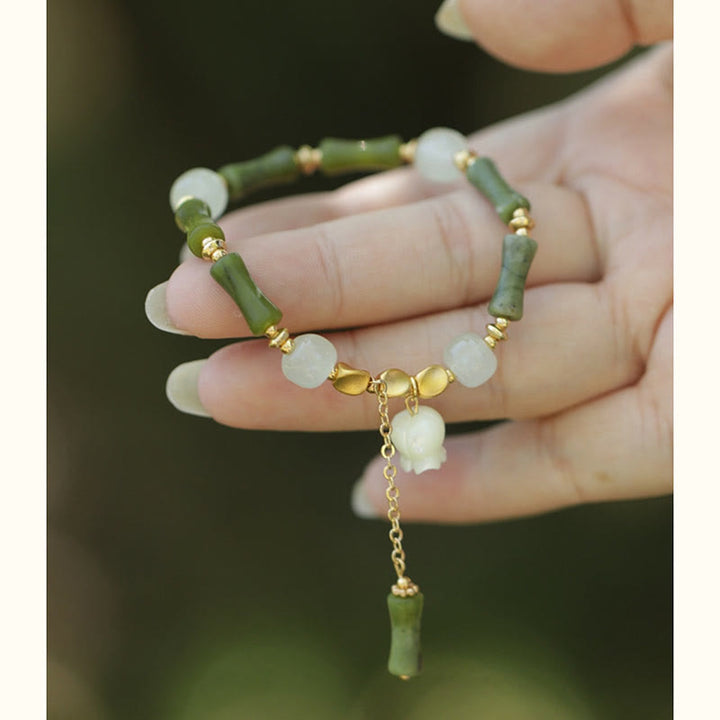 Buddha Stones Green Bamboo Jade Lily of the Valley Wealth Bracelet