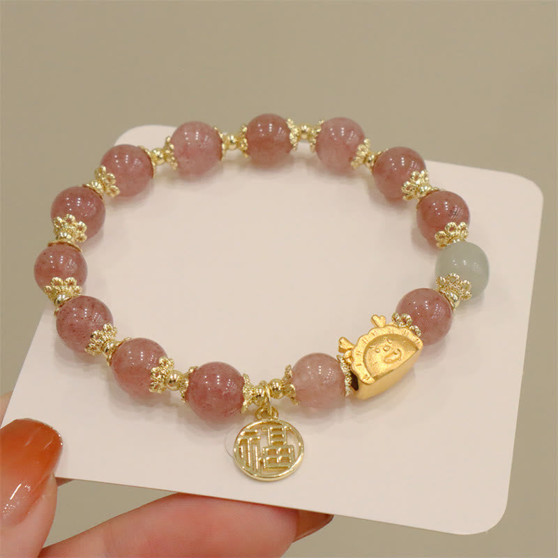 Buddha Stones Year Of The Dragon Red Agate Strawberry Quartz Black Obsidian Jade Garnet Pearl Cinnabar Dumpling Dragon Luck Fu Character Bracelet