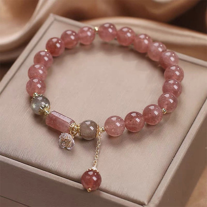 Buddha Stones Natural Strawberry Quartz Zircon Flower Positive Charm Bracelet