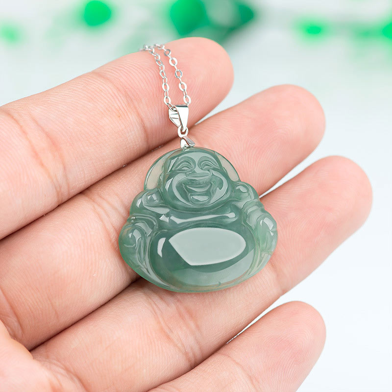 925 Sterling Silver Laughing Buddha Jade Protection Calm Necklace Chain Pendant