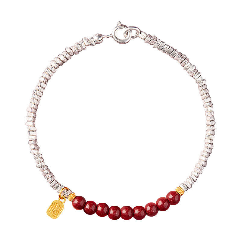 Buddha Stones 925 Sterling Silver Cinnabar Fu Character Blessing Bracelet