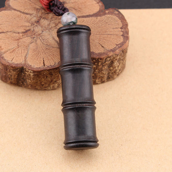 Buddha Stones Ebony Wood Bamboo Pattern Ghau Prayer Box Peace Necklace Pendant