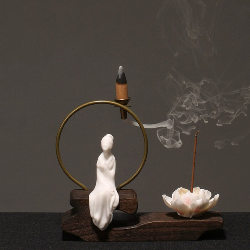 Buddha Stones Ceramic Lotus Healing Meditation Incense Burner Decoration