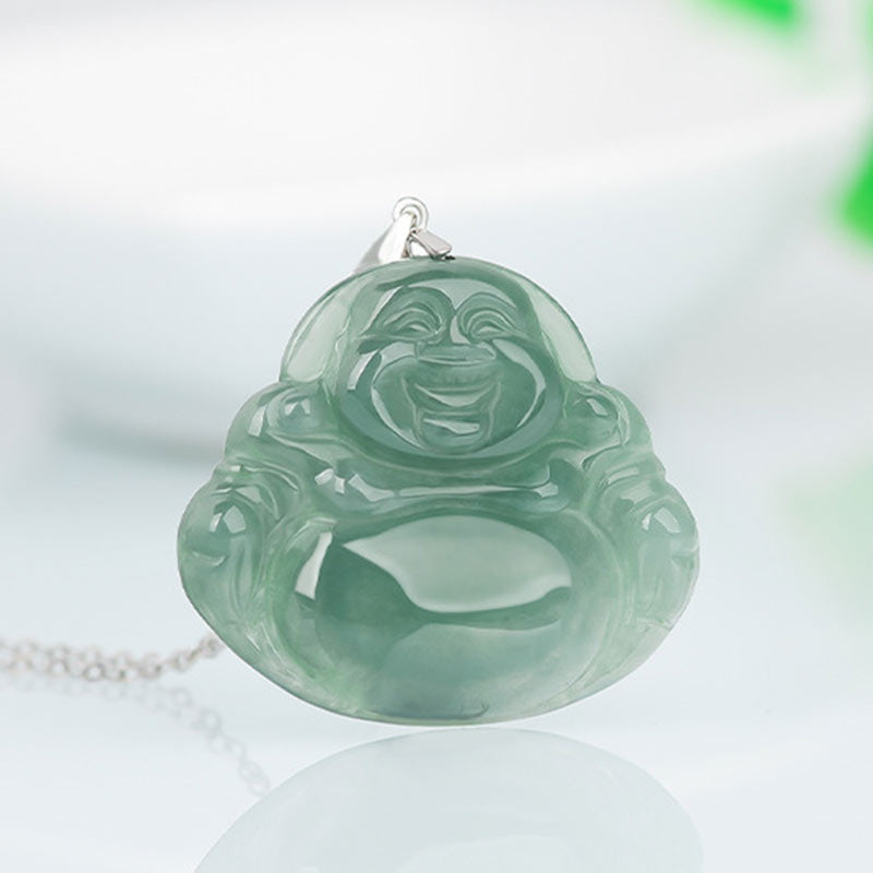 925 Sterling Silver Laughing Buddha Jade Protection Calm Necklace Chain Pendant