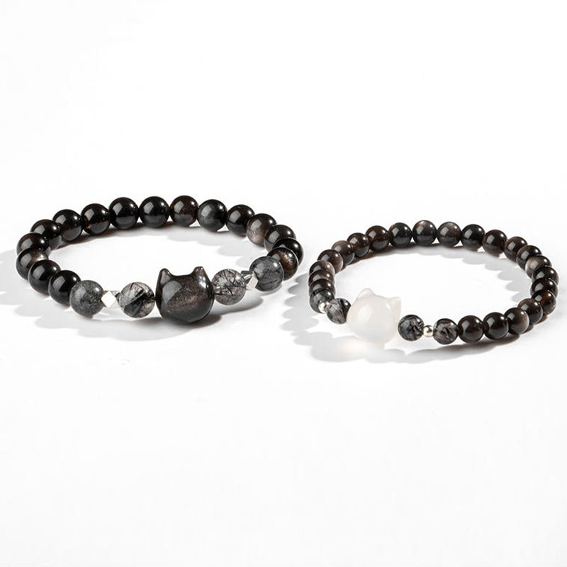 Buddha Stones Natural Silver Sheen Obsidian Cute Cat Head Protection Bracelet