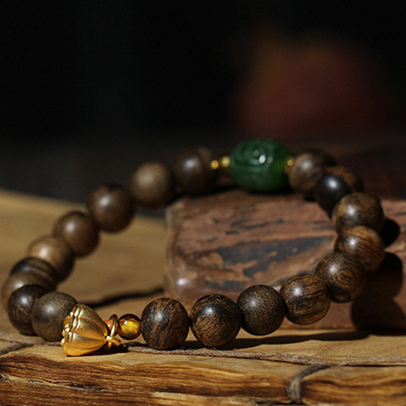 Buddha Stones 999 Gold Brunei Agarwood Cyan Jade Lotus Flower Peace Strength Bracelet