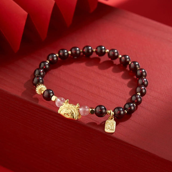 Buddha Stones Year of the Dragon Dumpling Natural Red Agate Garnet Hetian Jade Fu Character Luck Success Bracelet