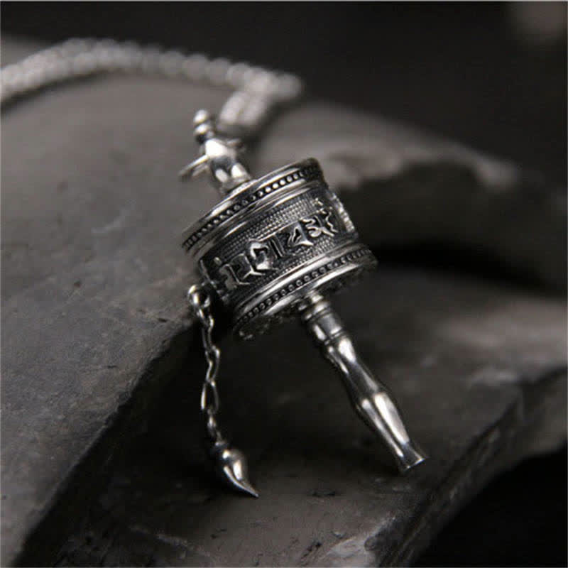 925 Sterling Silver Om Mani Padme Hum Prayer Wheel Purity Rotatable Necklace Pendant