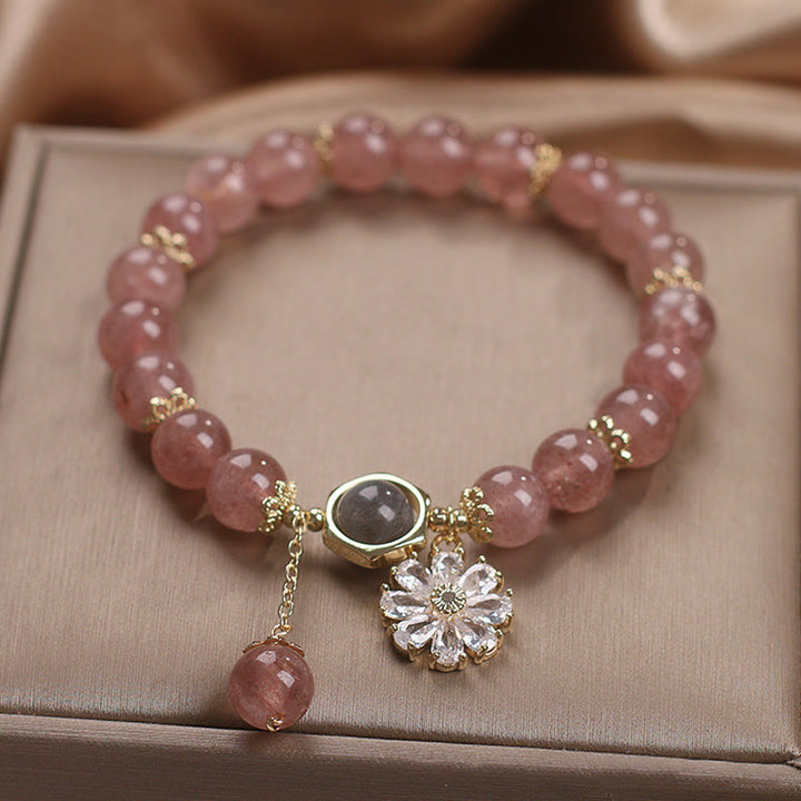 Natural Strawberry Quartz Crystal Daisy Flower Charm Positive Healing Bracelet