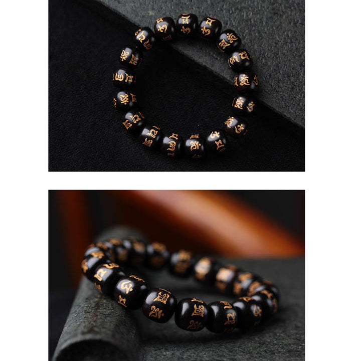 Buddha Stones Tibetan Ebony Wood Om Mani Padme Hum Engraved Peace Bracelet