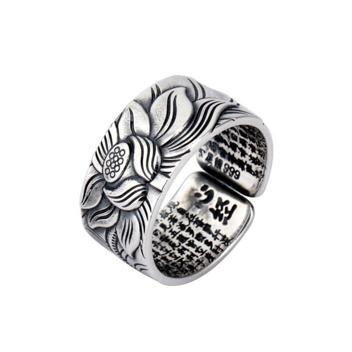 999 Sterling Silver Lotus Symbol Heart Sutra Protection Ring