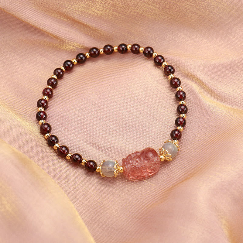 Buddha Stones Natural Tourmaline Garnet Strawberry Quartz PiXiu Moonstone Protection Bracelet