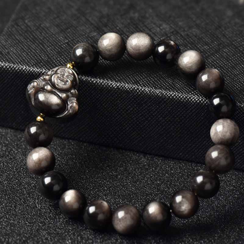 Buddha Stones Silver Sheen Obsidian Lotus Flower Nine Tailed Fox Laughing Buddha Protection Bracelet