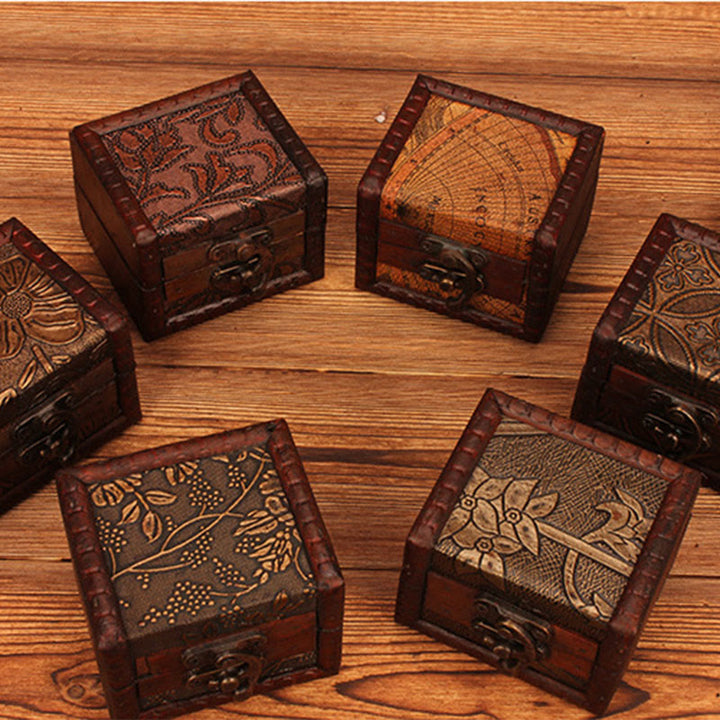 Buddha Stones Retro Small Square Wood Jewelry Box Lotus Grass Flower Grape Copper Coin Daffodil Jewelry Storage Box