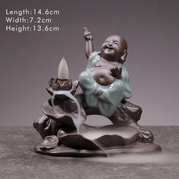 Buddha Little Monk Ceramic Lotus Blessing Incense Burner Decoration