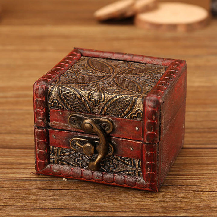 Buddha Stones Retro Small Square Wood Jewelry Box Lotus Grass Flower Grape Copper Coin Daffodil Jewelry Storage Box