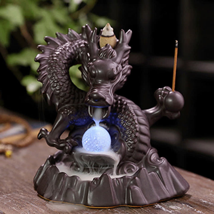 Auspicious Dragon Ceramic Backflow Smoke Fountain Meditation Healing Incense Burner Led Ball Decoration