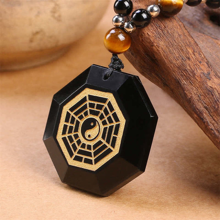 Bagua Yin Yang Black Obsidian Purification Beaded Necklace Pendant