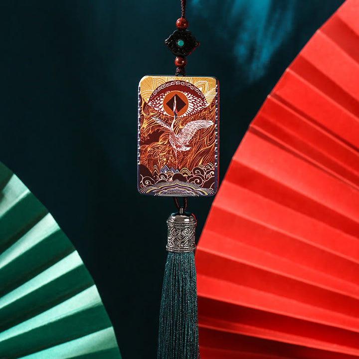 Buddha Stones Vintage Handmade Auspicious Crane Ebony Wood Balance Tassel Car Hanging Decoration