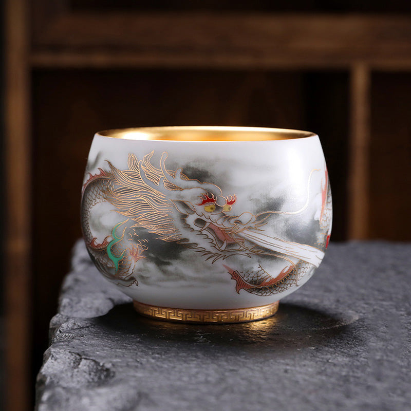 Buddha Stones Dragon Gilt Gourd Ceramic White Porcelain Teacup Kung Fu Tea Cup 160ml