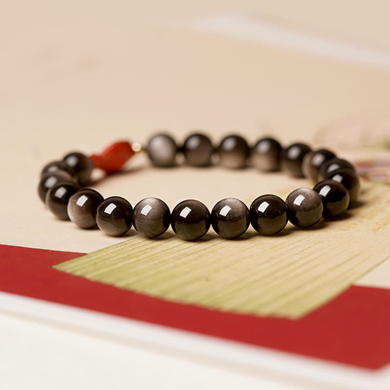 Buddha Stones Natural Silver Sheen Obsidian Cinnabar Koi Fish Soothing Protection Bracelet