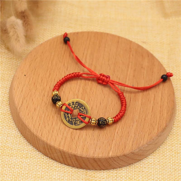 Buddha Stones Copper Coin Fortune Red String Weave Bracelet