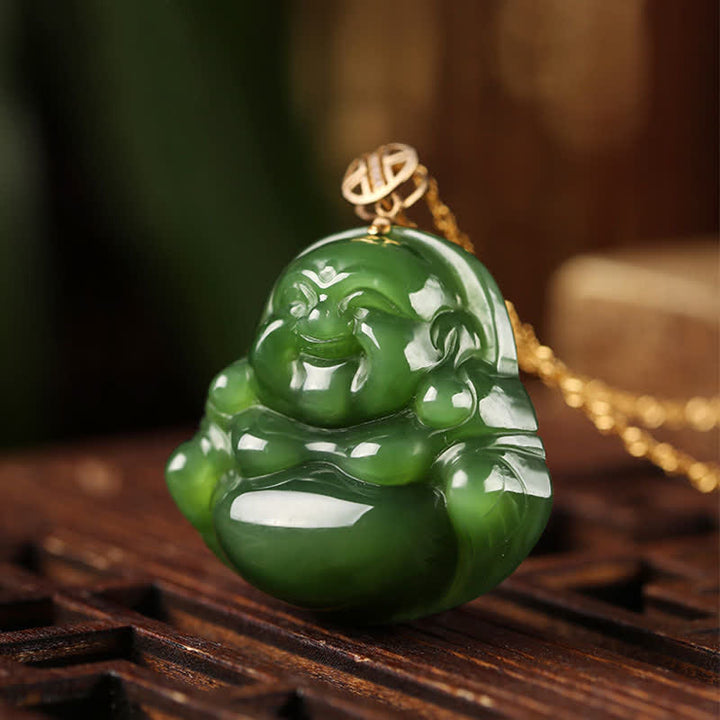 925 Sterling Silver Laughing Buddha Hetian Cyan Jade 18K Gold Success Necklace Chain Pendant