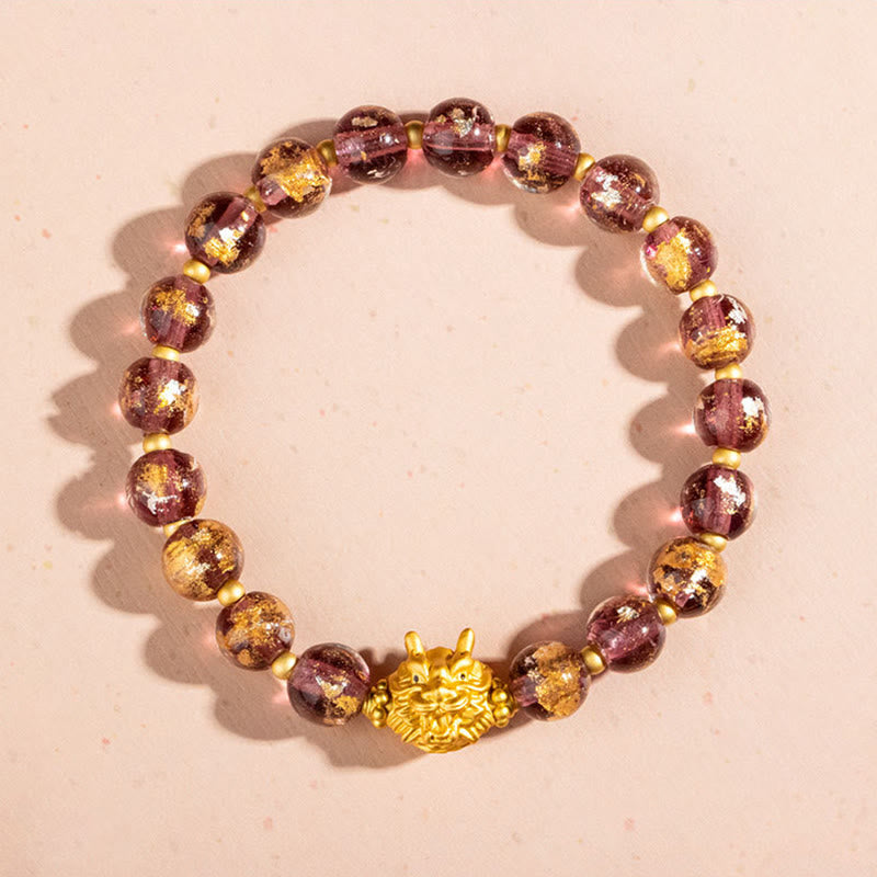 Buddha Stones Year of the Dragon Gold Foil Liuli Glass Bead Luck Bracelet