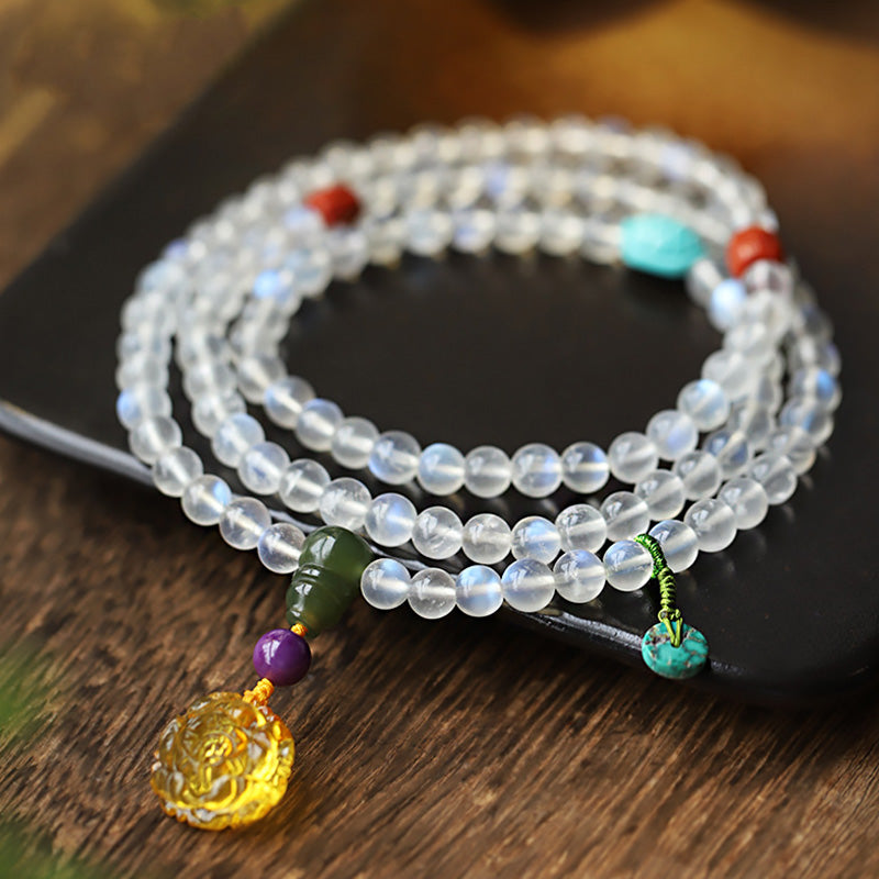 108 Mala Beads Moonstone Amber Lotus Turquoise Crystal Healing Bracelet